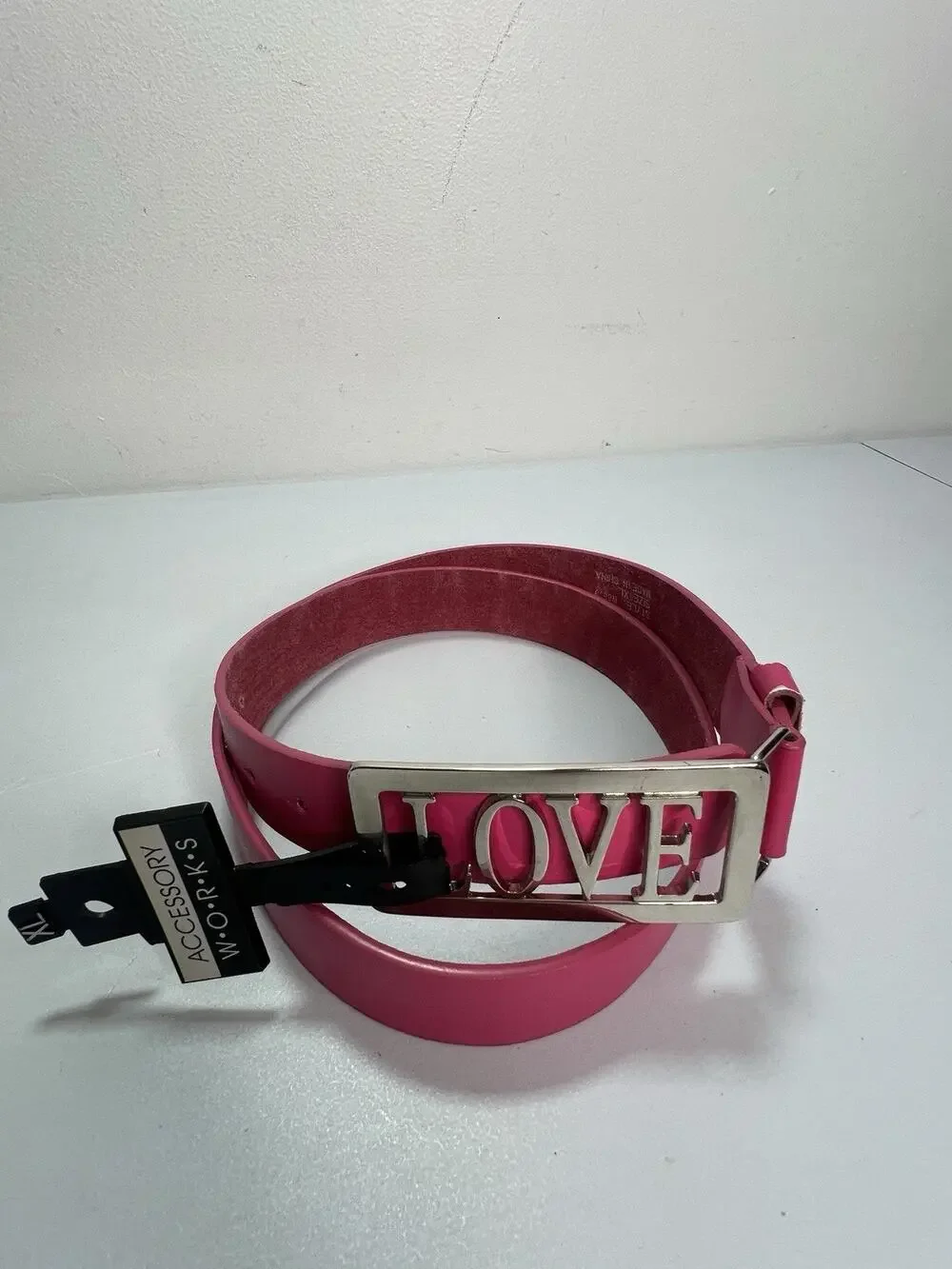 Love Logo Metal Belt Buckle Hot Pink Leather Belt New Vintage Sz XL Y2K